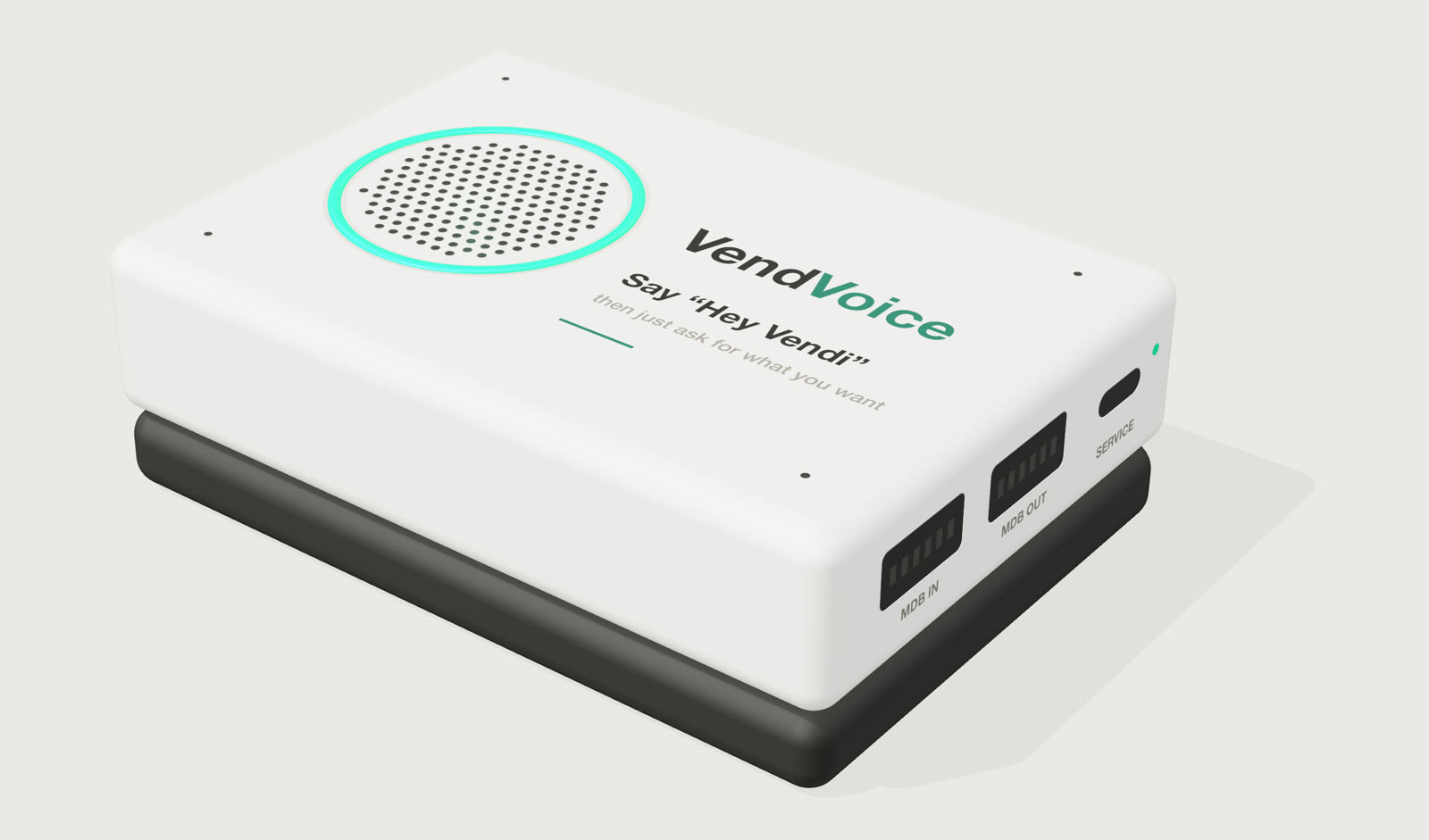 Concept render of the VendVoice unit: a small white box with a speaker grille ringed by a glowing green light, the VendVoice logo, the words Say “Hey Vendi”, and MDB in, MDB out and service ports on the side.